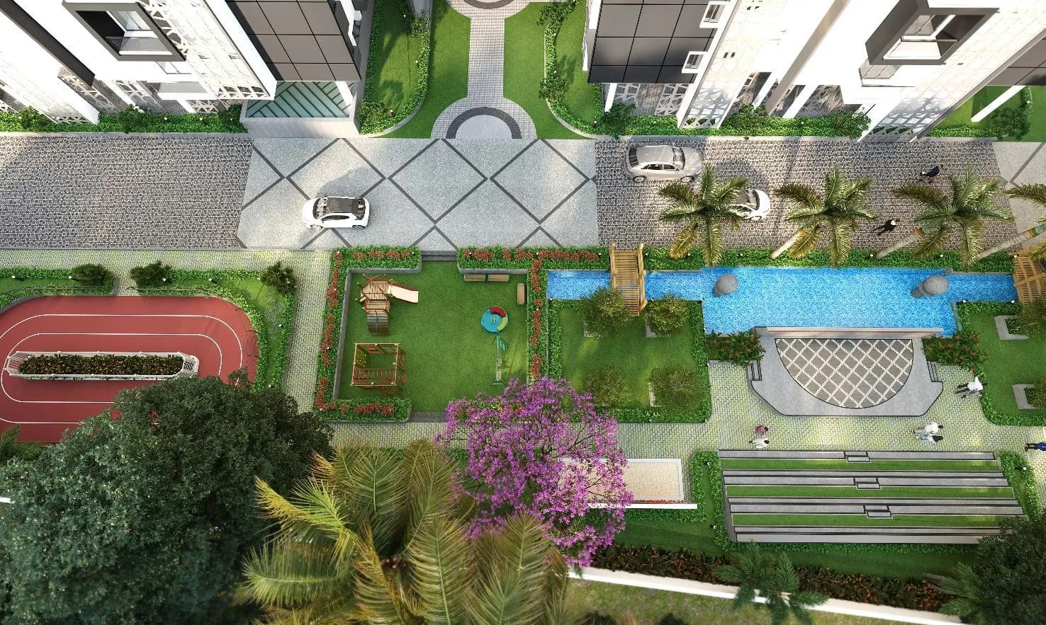 Artist's impression of the central landscape and pool at SBR One Residence