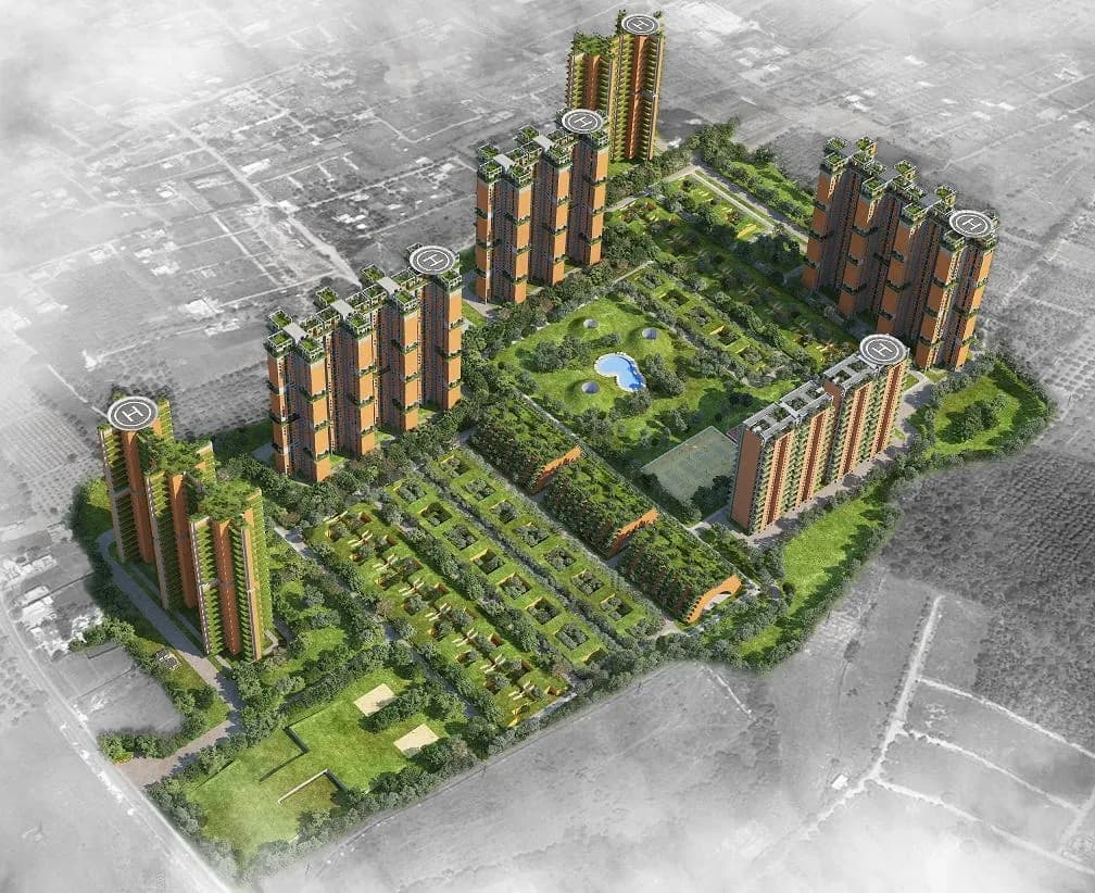 Aerial visualisation of In That Quiet Earth with towers, villas and gardens