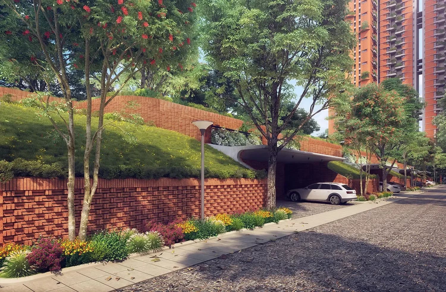 Visualisation of the green-roofed earth-sheltered villas at In That Quiet Earth