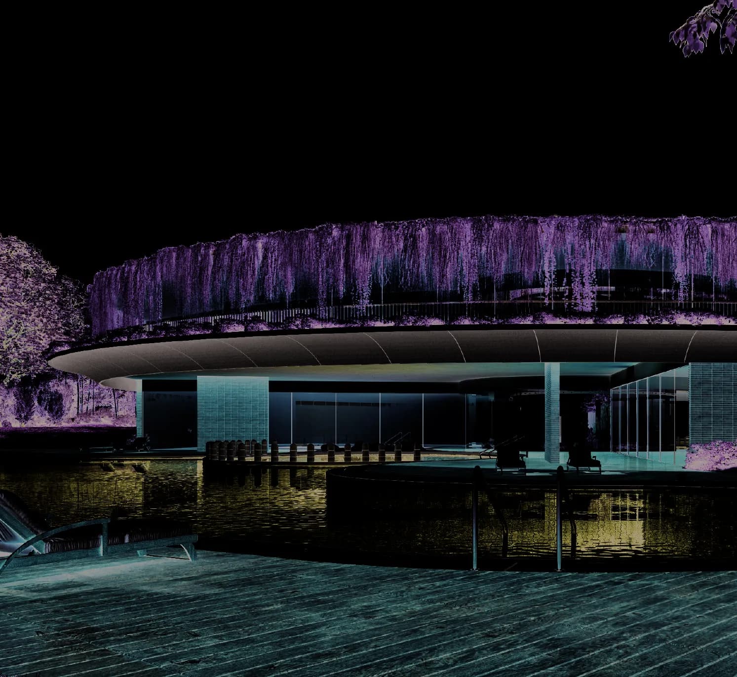Visualisation of the clubhouse swimming pool at In That Quiet Earth