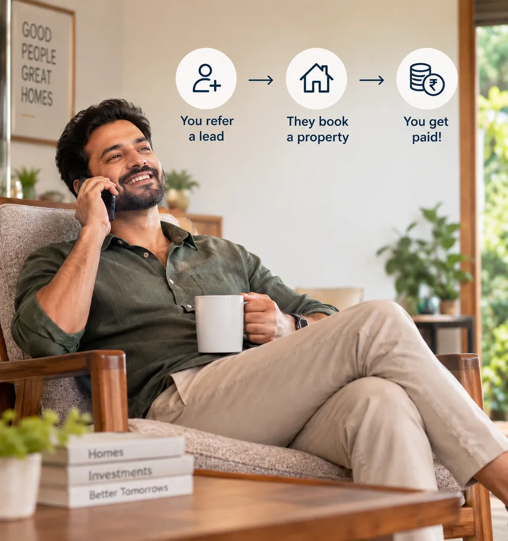 A smiling man on a phone call relaxing with a coffee at home, with three steps: you refer a lead, they book a property, you get paid