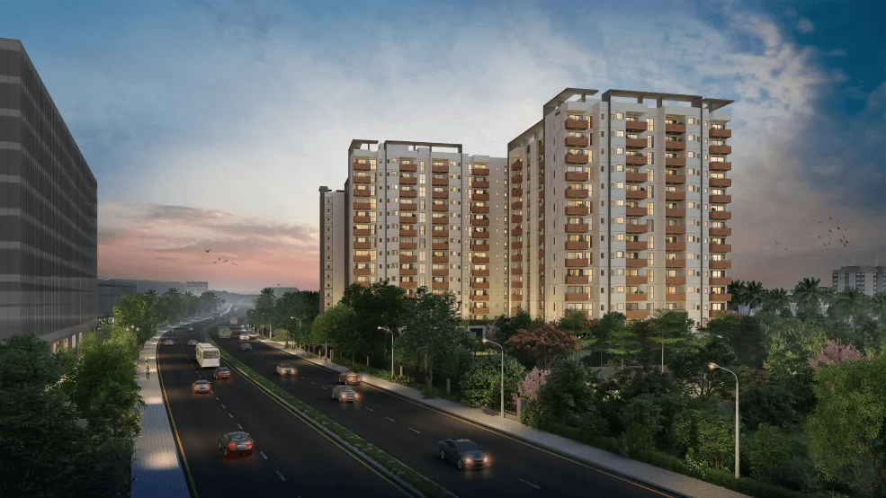 Artist's impression of the Assetz Soho & Sky towers at dusk