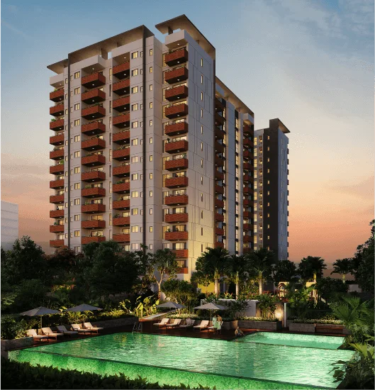 Artist's impression of an Assetz Soho & Sky tower with the swimming pool