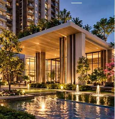 Artist's impression of the My Home Bangalore clubhouse pavilion and water feature at dusk