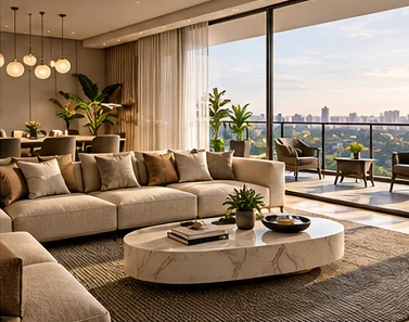 Artist's impression of a My Home Bangalore living room with a balcony view