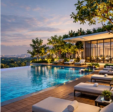 Artist's impression of the My Home Bangalore pool deck and loungers at sunset